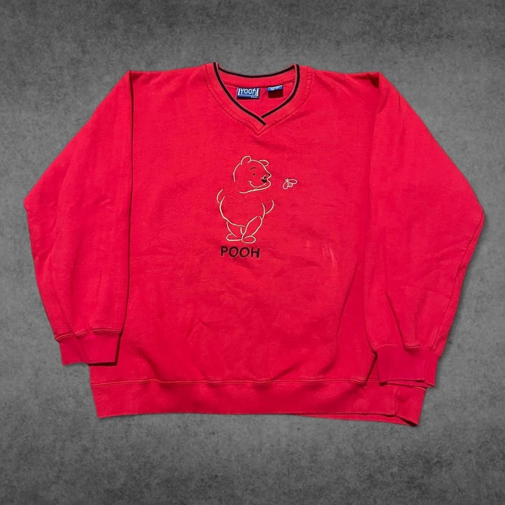 Vintage Disney Winnie The Pooh Red Sweatshirt V-Neck Embroidered Mens Large Y2K